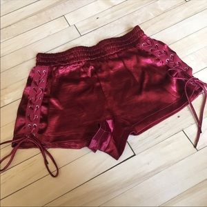 silk maroon lace up shorts 🍷